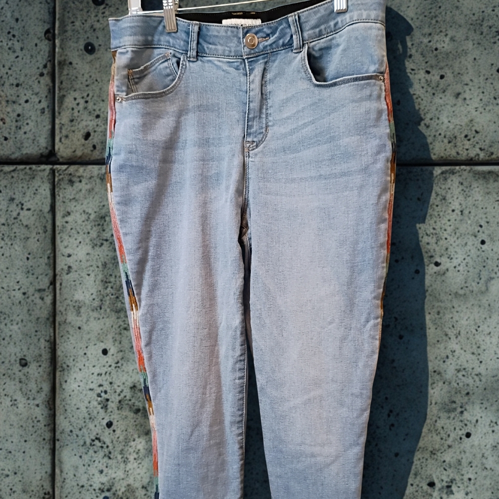 Knox Rose Light Blue Straight Leg Jeans with Multicolor Side Stripe